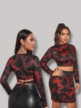 Women's Dragon Print Red/Black Crop Top & Mini Skirt Coordinated Set